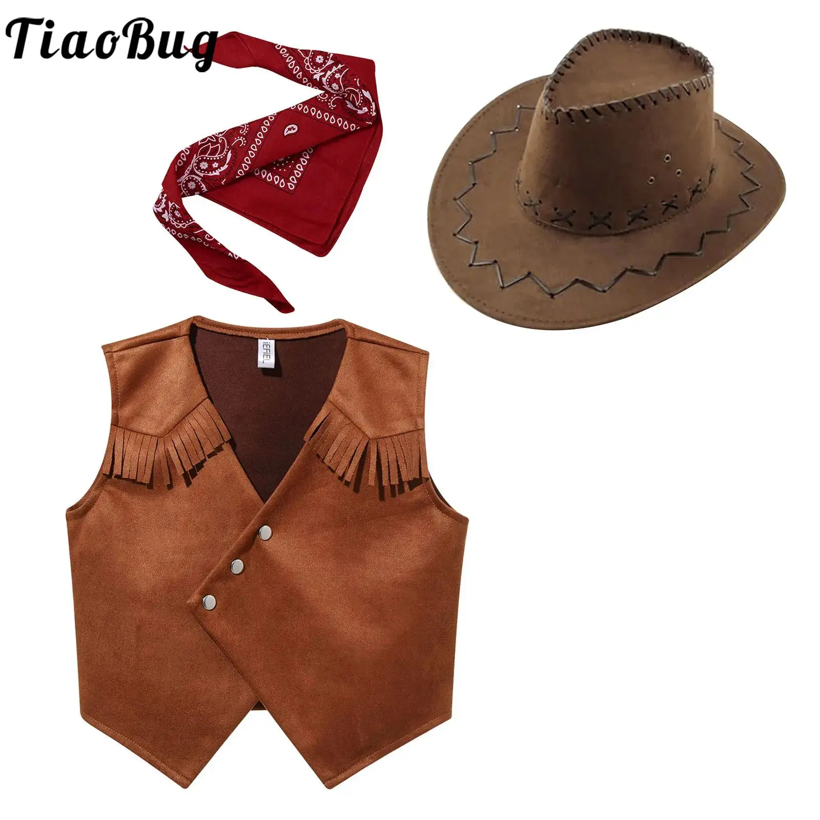 Western Cowboy Costume for Kids Halloween Cosplay Cowboy Cowgirl Dress Up Fringe Suede Leather Vest with Bandanna Hat Set