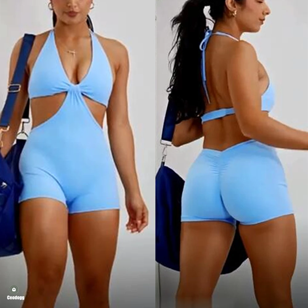2024 Pad Halter Deep V Neck Exercise Yoga Set One Piece Jumpsuit Women Sport Gym Workout Fitness Scrunch Shorts Active Rompers