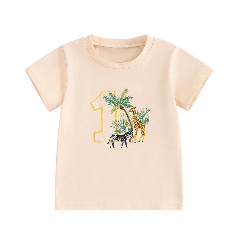 

VISgogo Little Boy Birthday T-Shirt Animal Number Embroidery Short Sleeve Round Neck Tops Kids Summer Tee