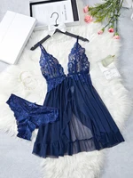 Ensemble de lingerie transparente bleue pour femmes, sous-vêtements, vêtements de nuit, robe de nuit en dentelle et culotte, pyjama, nuisette féminine 2