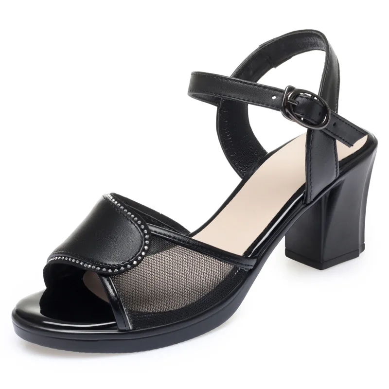 

2022 New Fashion Cowhide Mesh Splicing Rhinestones Summer Women Sandals Non-slip Light High Heel Sandals Comfort Elegant Sandals