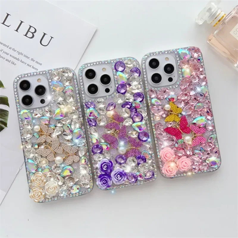 

Luxury Bling Diamond Butterfly Flowers Rhinestone Case Capa For Xiaomi Redmi9A 9C Note8 9Pro Note10S Note11 Pro 12Pro Cover