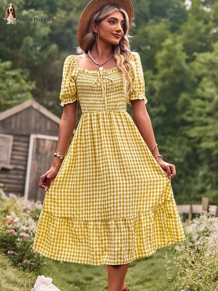 

Hush Puppies Ladies Elegant Plaid Puff Sleeve Summer Dress Fashion Square Collar Ruffles Women Dress Beach Holiday Party Dress