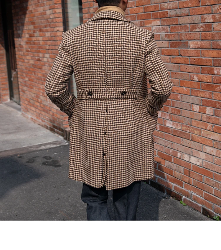 Description Picture 4 of itemMen's Polo Coat Houndstooth Double-breasted Long Slim Elegant UK Fashion Winter Plaid Long Jacket Male Clothing