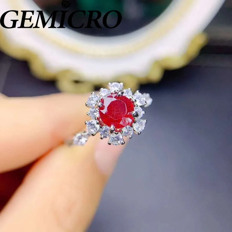 

Gemicro 925 Sterling Silver Jewelry Classic Round Cut 6mm Natural Ruby Crystal Ring as Wedding for Men and Women Wear Gifts
