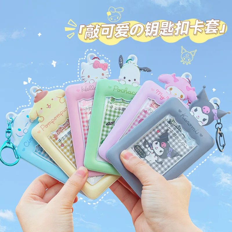 Sanrio Transparent Card Holder Hello Kitty Cinnamoroll Cartoon Cute Photo Pendant Keychain Melody Card Bag Kuromi Children Gift transparent badge reel clip oval zinc alloy retractable nurse badge holder students doctor id card holder keychain badge clip