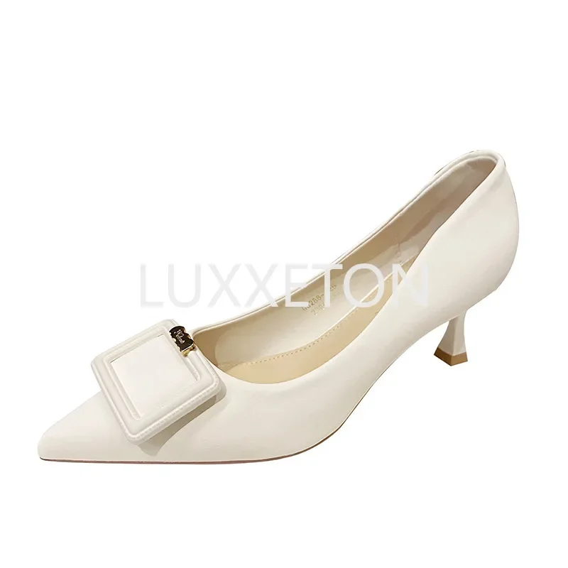 

Женские замшевые туфли, черные туфли с металлической пряжкой, острым носком и плоской толстой подошвой, корейский стиль, 2023