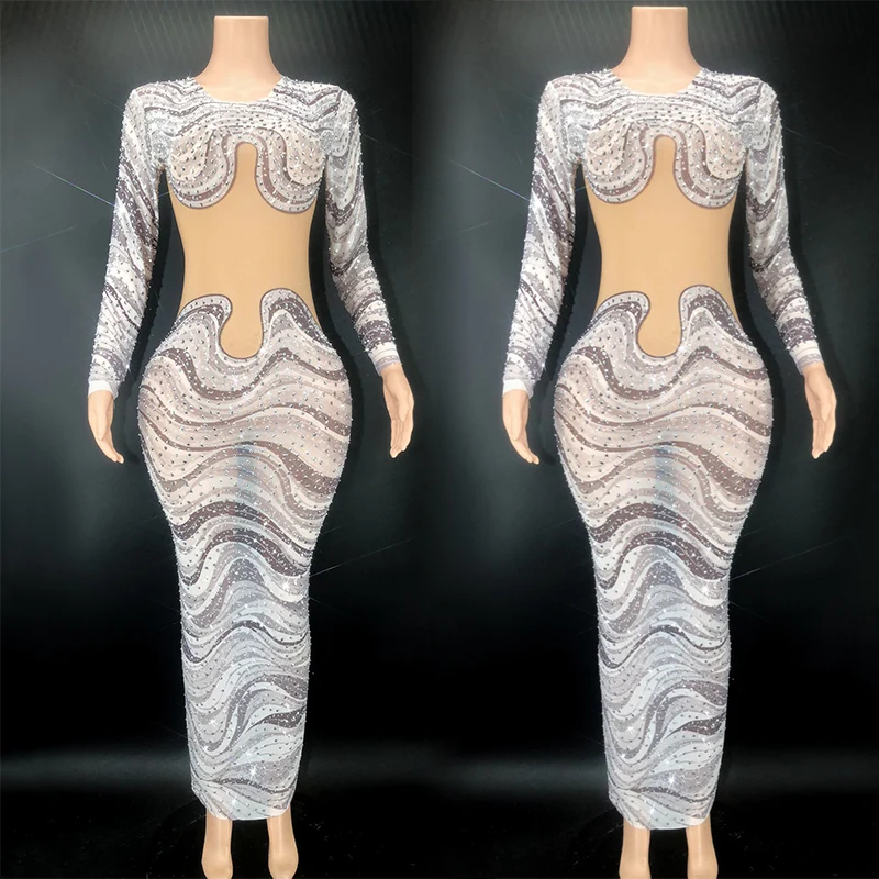 

Abstract Printing Stretch Dress Party Birthday Celebrate Rhinestone Evening Dresses Festival Clothing Singer Stage Costume 5602