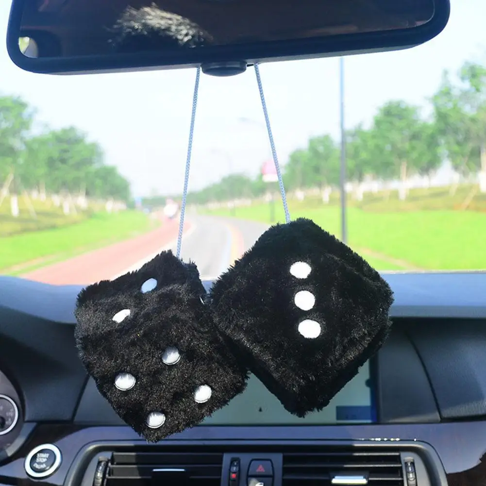 Dados de felpa peludos con puntos Retro cuadrados, espejo colgante, dados difusos, decoración de adorno Interior de coche rosa, F3O7