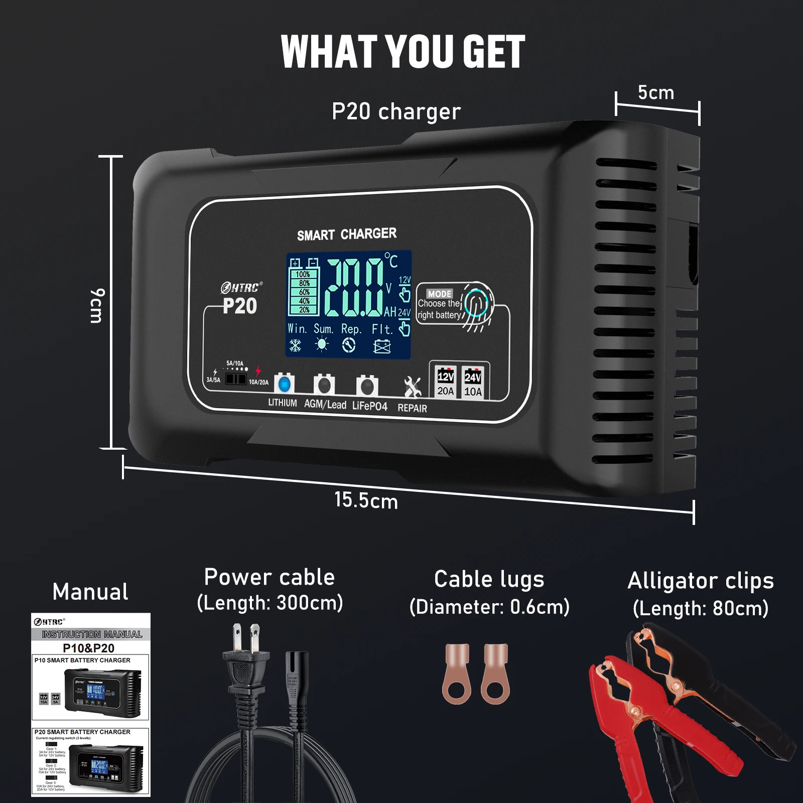 HTRC 12V 10A 24V 20A 배터리 충전기 자동 펄스 수리 충전기 납산 리튬 LiFePO4 배터리 자동차 오토바이 충전기