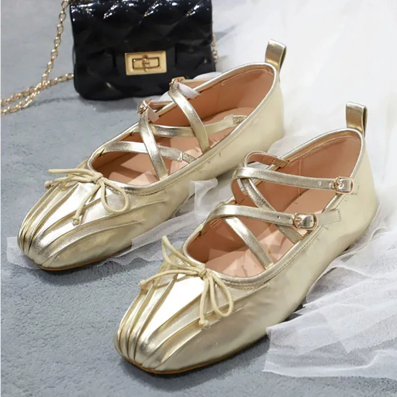 

Gold Square Toe Bow Ballerinas Pleated Criss-Cross Strap Vintage Lace-Up Pumps Buckle Strap Flat Women Shoes Sandalias Mujer