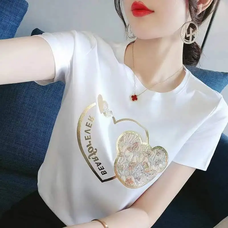 

Little Bear Printed Short Sleeved T-shirt For Women's 2024 Summer Korean Edition Personalized Design Loose New Laydown Top
