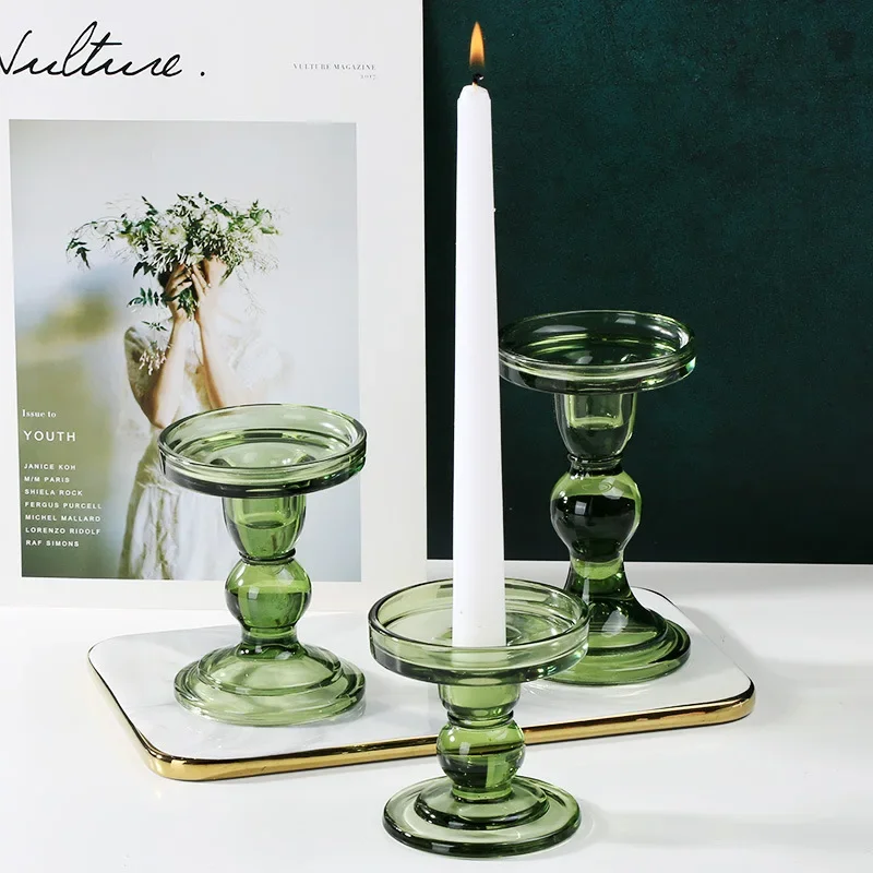 European Style Green Glass Candlestick Decoration Accessories Vintage Crystal Candle Holders Wedding Decorative Home Decor - Image 2