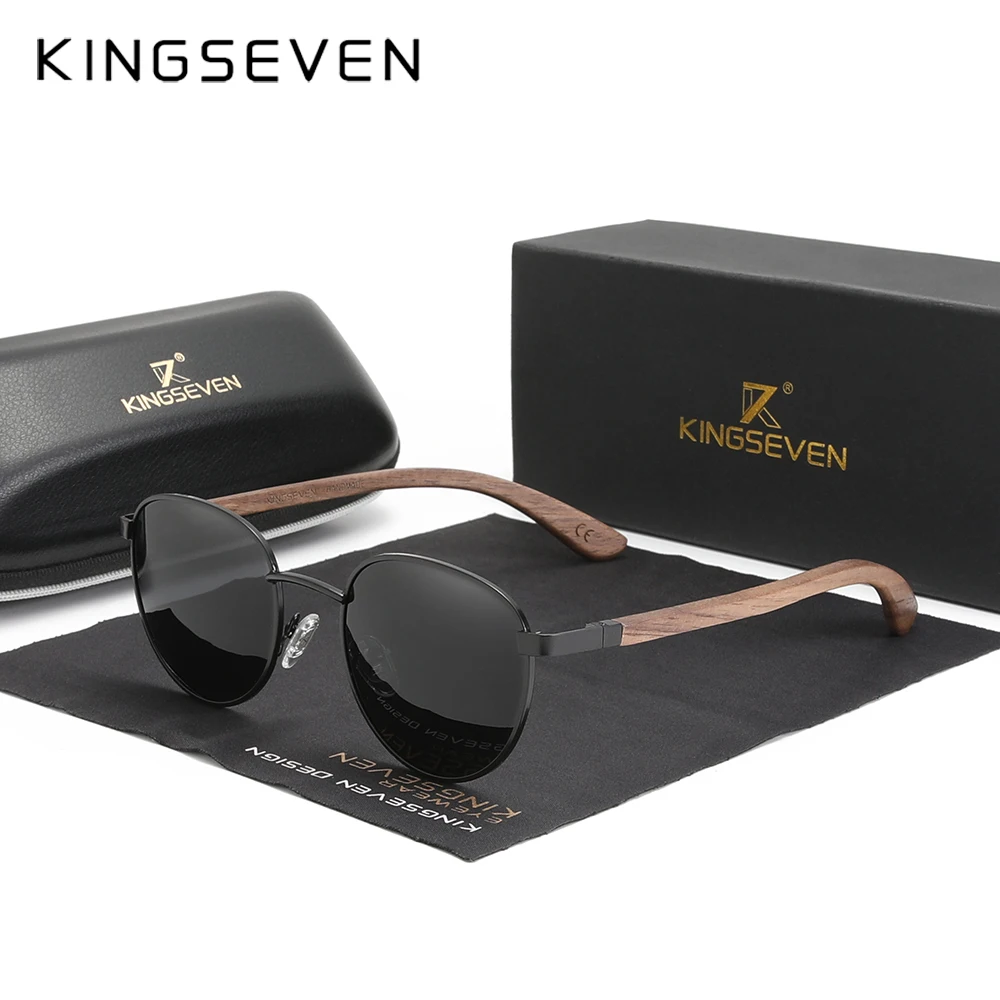 

KINGSEVEN 2023 New Handmade Walnut Wood Round Sunglasses Men Women Polarized Mirror Sun Glasses Male Steampunk Shades Oculos