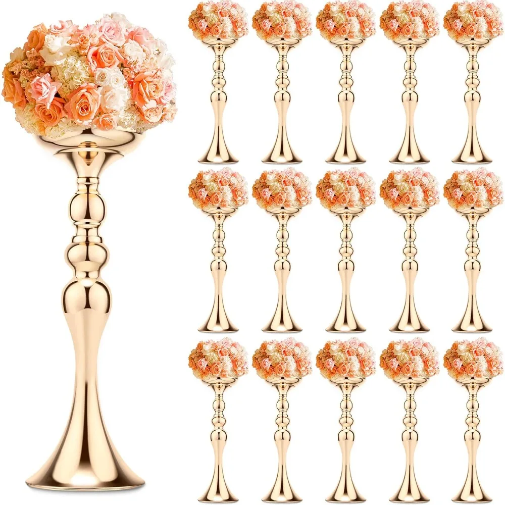 

16 Pcs Metal Flower Arrangements Stand Wedding Centerpiece Tall Table Decor Vase for Event Party Hotel Home (Gold, 15 Inch)