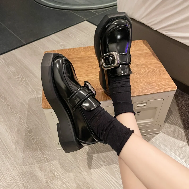 Retro Round-toe Black Shoes for Women 2024 New Autumn and Winter British Style Thick Heel Versatile French Thick-soled vulcanize