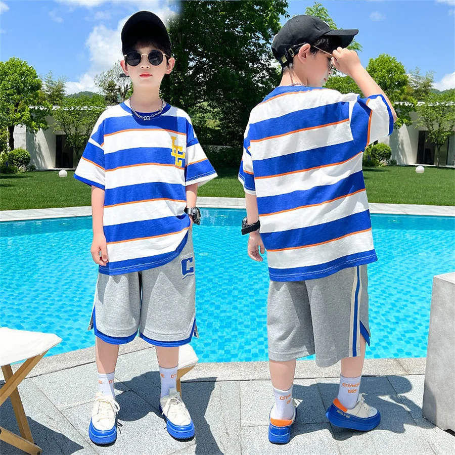 

New Summer Kids Boys T Shirt+Shorts 2pcs Clothing Sets Children's Sport Suit Teenager Boys Korean Loose Tracksuits 5 To 14Years