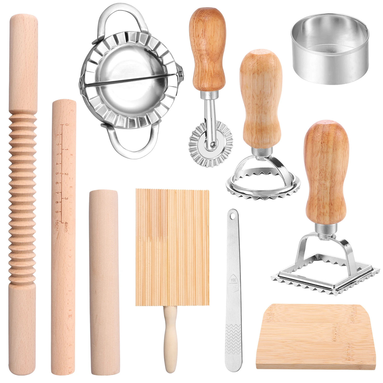11Pcs Pasta Making Tools Kit Efficient Pasta Making Set Wooden Threaded Rolling Pin Gnocchi Board Dough Cutter Dumpling Maker