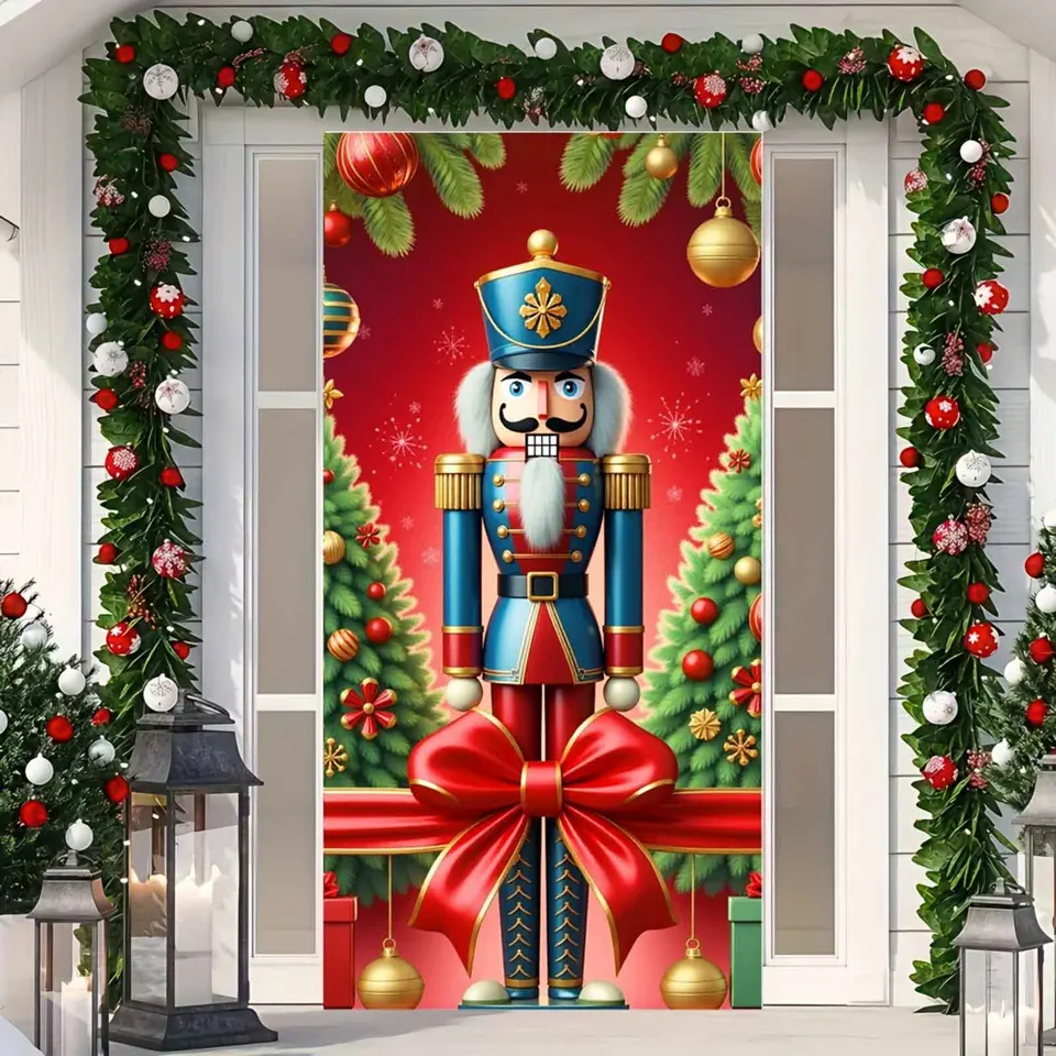 Tenda Decorativa Per Porta Di Natale 180x90cm - Babbo Natale Con Corda Da 6m
