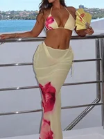 XS - L With Cover Up Flowers Halter Bikini Female Swimsuit Women Swimwear Three-pieces Bikini set Bather Bathing Suit Swim K6800