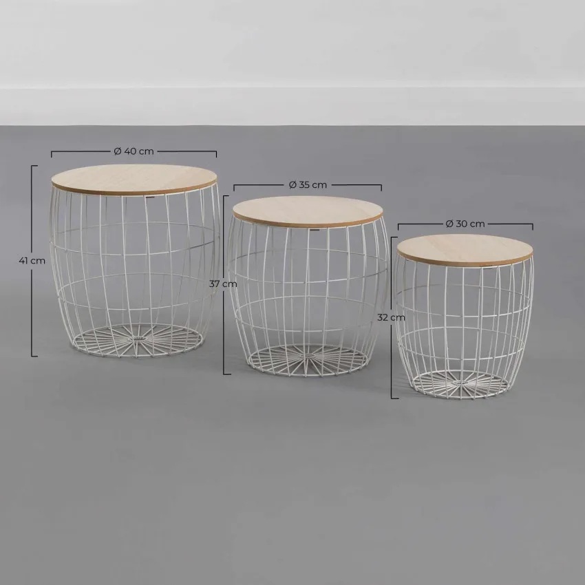 Thinia Home - Set 3 Tribal round coffee tables, metal/MDF, beige/white color, basket tables, Nordic style, dining room, lounge