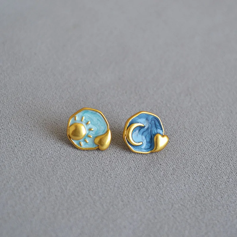 Starry Sky Moon & Sun Earring Romantic Handmade Enamel Glaze Gold-plated Brass 925 Silver Needle Stud Earrings