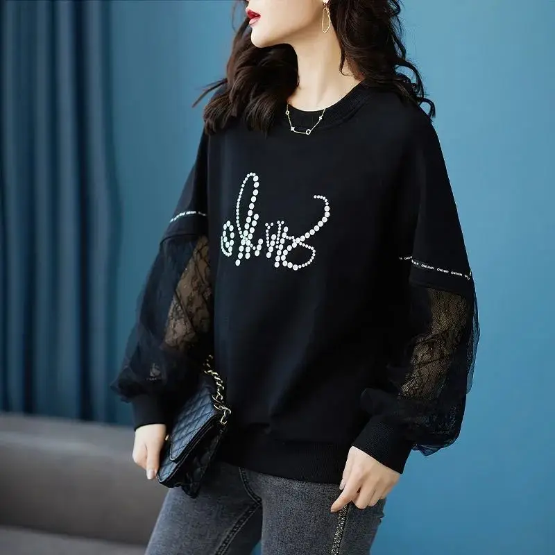 Women 2023 New Spring and Autumn Lace Splice Sweater Large Covering Top Loose and Fashionable Popular Element