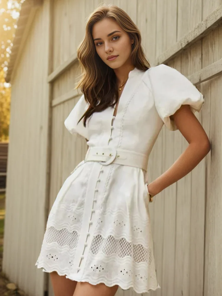 2024 Women Spring New Lady V-neck Bubble Sleeve Single Breasted Embroidered Hollowed Out Patchwork Dress Short Skirt fashion
