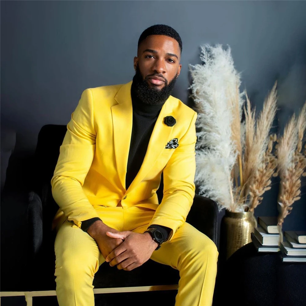 Fashion Yellow Mens Suits 2 Piece Set Casual Business Blazer Slim Fit Party Prom Jacket Pants