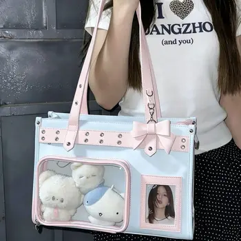 Borsa Tote Coreana con Fiocco Carino, Trasparente, Grande Capacità, Zaino Ita da Donna, Borsa a Tracolla Monocolore Stile Preppy Chic