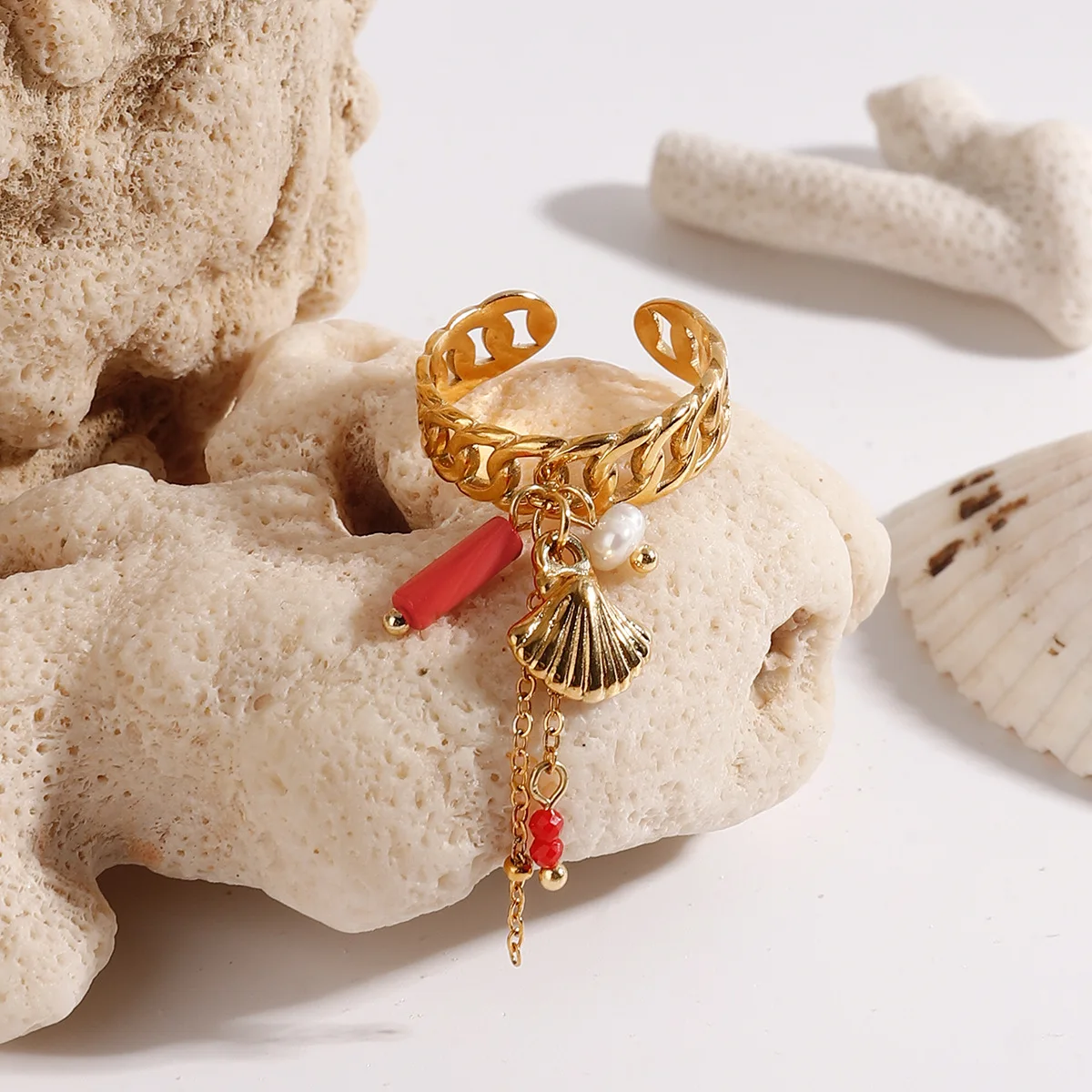 Personality Rock Tassels Chain Splicing Scallop Shell Open Ring Imitation Pearl Red Beads Knuckle Ring Daily Versatile Jewelry