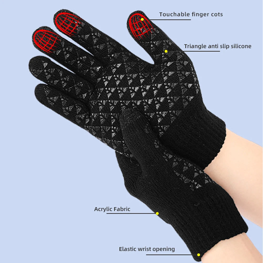 USB Heated Knitted Gloves Full Finger Gloves Non-Slip Touch Screen Gloves Thicken Thermal Knitting Mitts for Outdoor Sports