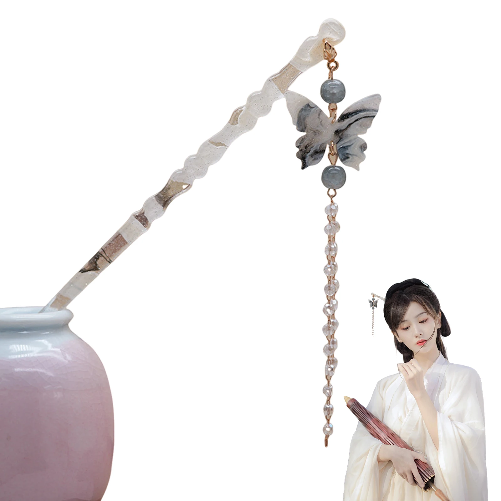 Chinesische Tuschemalerei Quaste Haarnadel Neue Hanfu Haarschmuck für Frauen Traditionelle Haarstäbchen Alten Stil Haarspangen – Detail 5