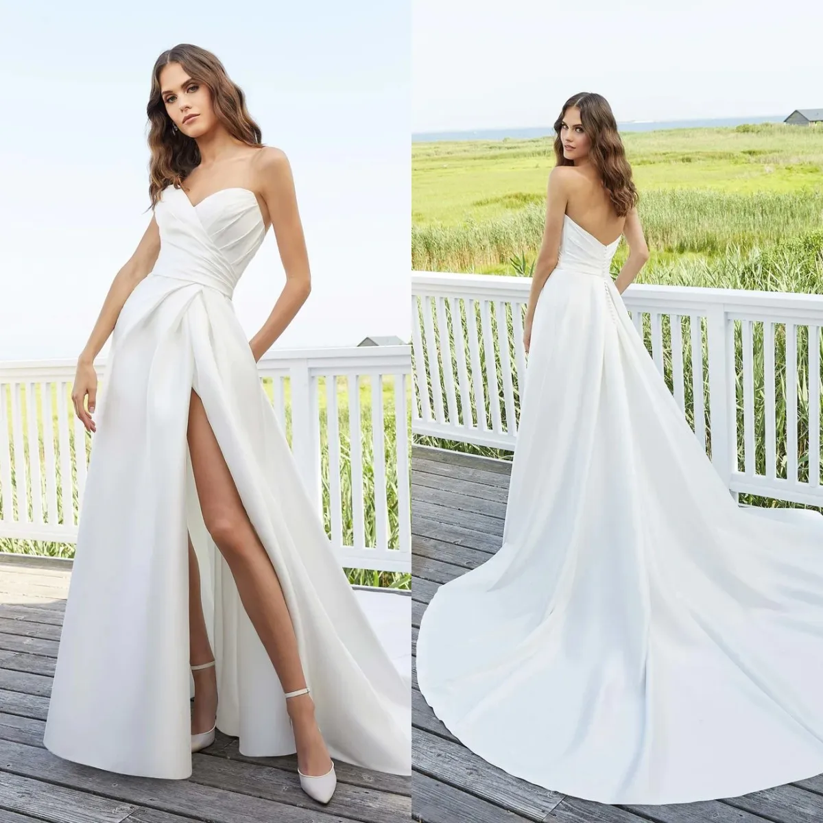 

A-Line Wedding Dress Satin Floor Length Slit Sleeveless Strapless Sweep Train Simple Custom Made Robe De Mariée