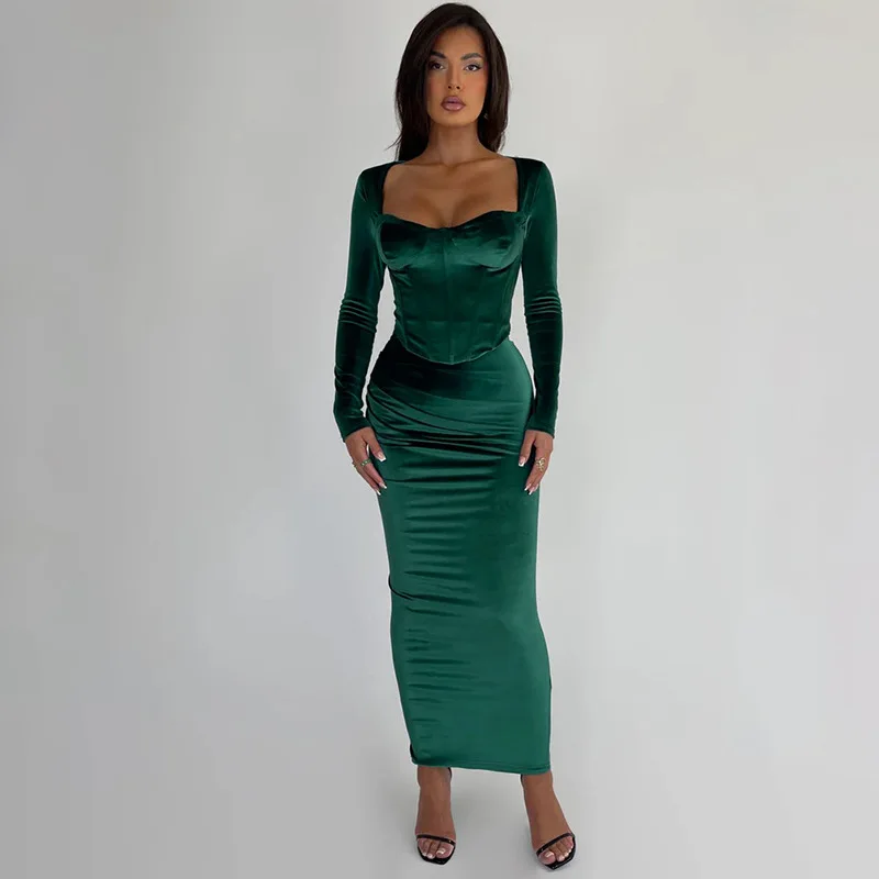 Autumn Scoop Neck 2 Piece-Set Maxi Skirt For Women Patchwork Long Sleeve Slim Luxury Party Looks Female Skinny Outfits New