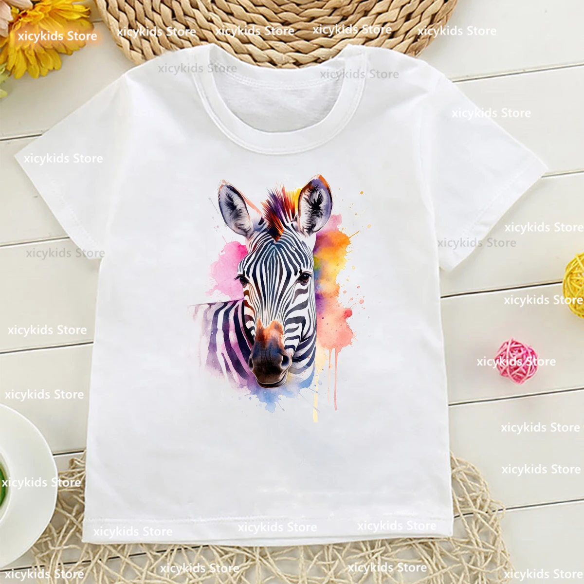 

Watercolor Zebra Animal Print Boys T-Shirt Fashion Cute Girls T Shirt Summer Kids Tshirt Casual Boys/ Girls Universal Clothing