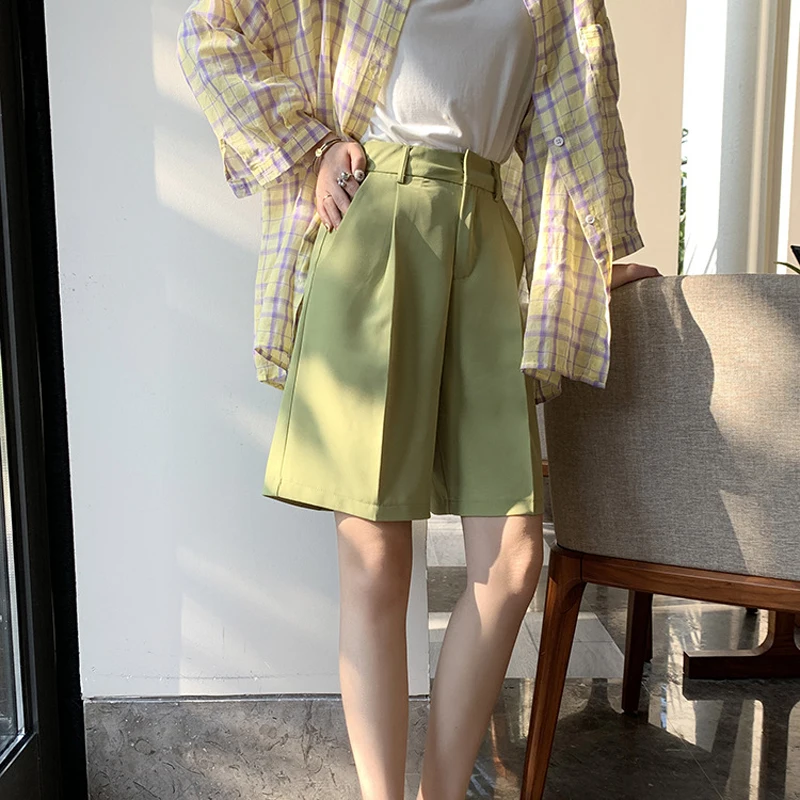 Fashion 2021 Summer Loose Shorts Women's Clothing High Waist Shorts Casual Harajuku Solid Color Student Suit Shorts Woman Clothe khaki shorts