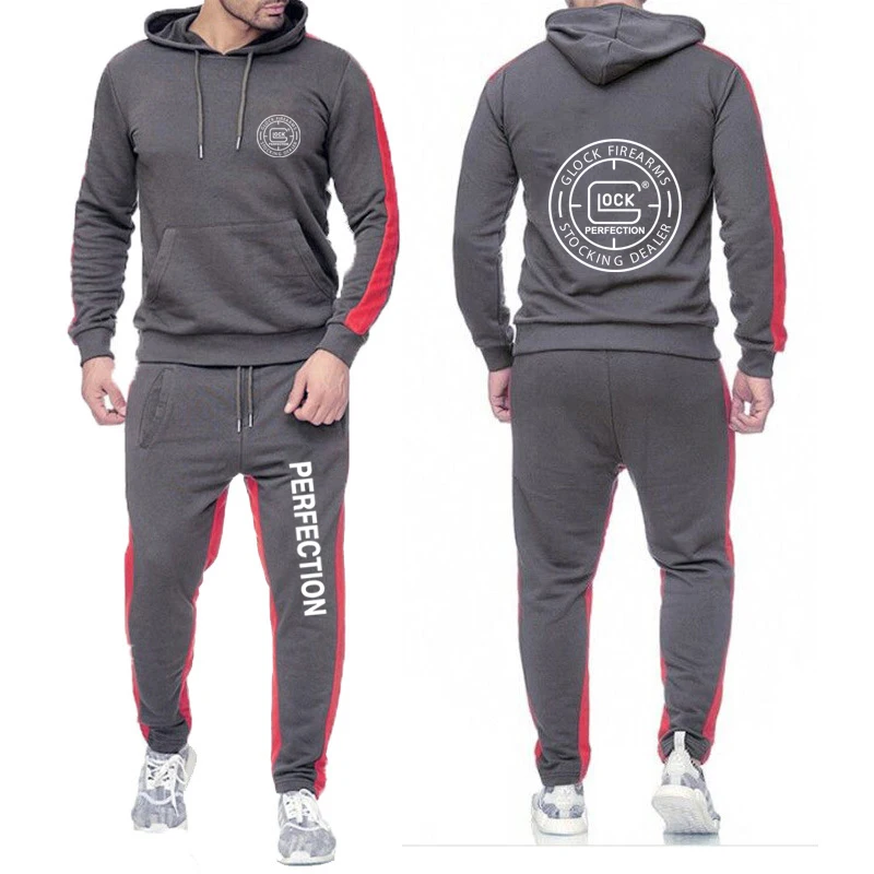 Glock perfect shooting new men's spring and autumn solid color suit fashion hooded trousers sports suit