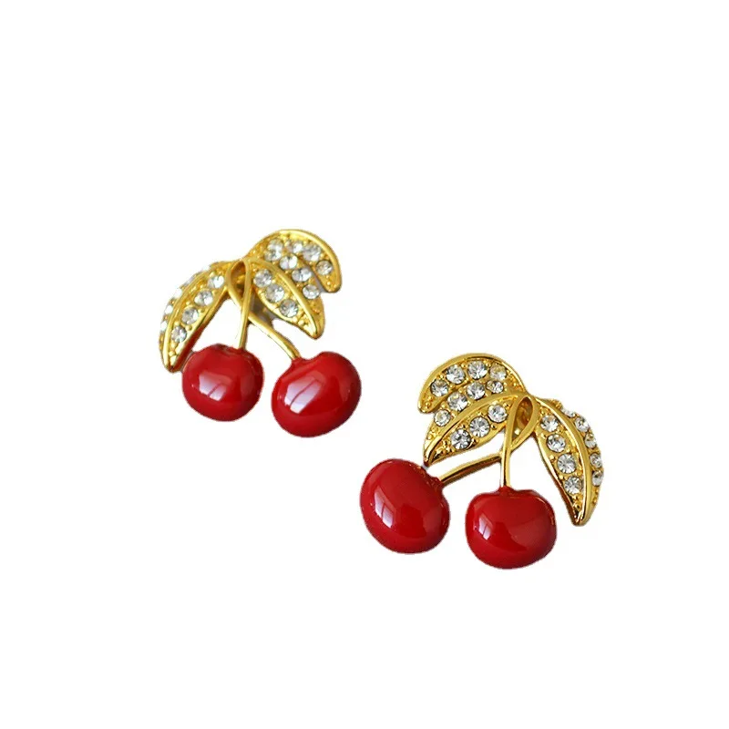 Cherry Flash Diamonds 925 Silver Needle Vintage Brass Gold-plated Earrings