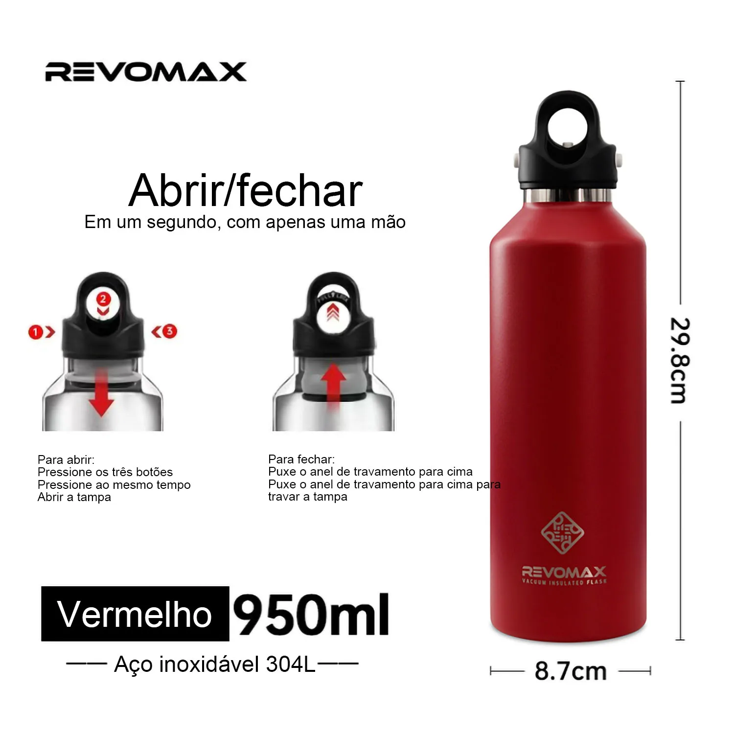 REVOMAX Garrafa Térmica de Agua Vácuo Aço Inoxidável，Sem Parafuso Abertura Com Uma Mão, 950ml 9