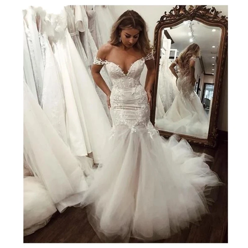 

ANGELSBRIDEP Off-Shoulder Tulle Mermaid Wedding Dress V-Neck Applique Court Train Lace-up Corset Back Vestido De Noiva Plus Size