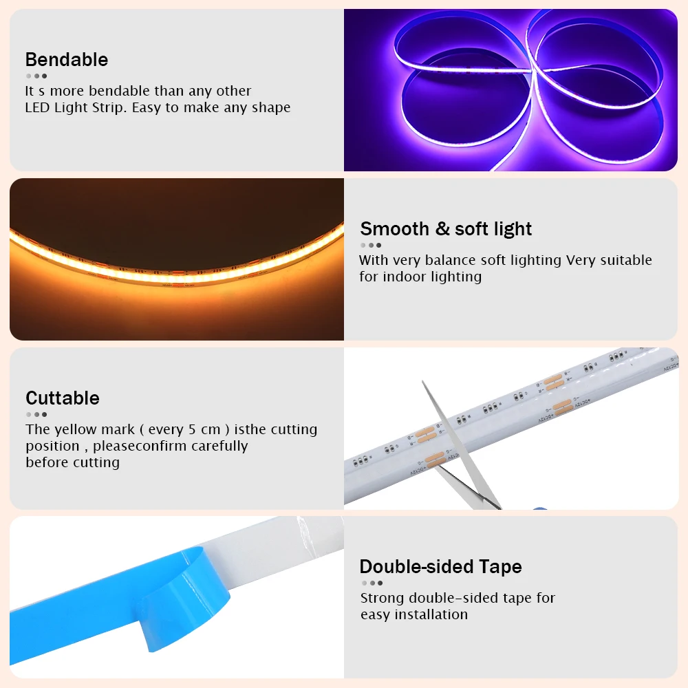 Description Picture 6 of item10M RGB LED COB Strip 12V 24V Flexible 10MM FOB Linear Lights With Remote WIFI Bluetooth RA90 Dimmable LED Tape Ribbon Lamp Bar