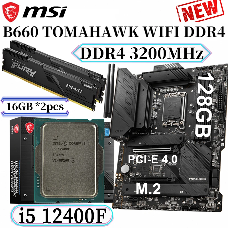 Msi mag b660 Tomahawk-マザーボードセット,Intel Core i5-12400fの組み合わせ,CPUおよびkingston  ddr4,3200mhz,16gb,新品,最高の価格