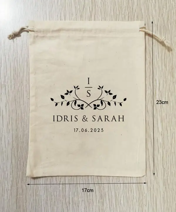 

100 Pieces Custom Logo 17x23cm Natural Cotton Bags Drawstring Gift Pouches Printed With Black Logo