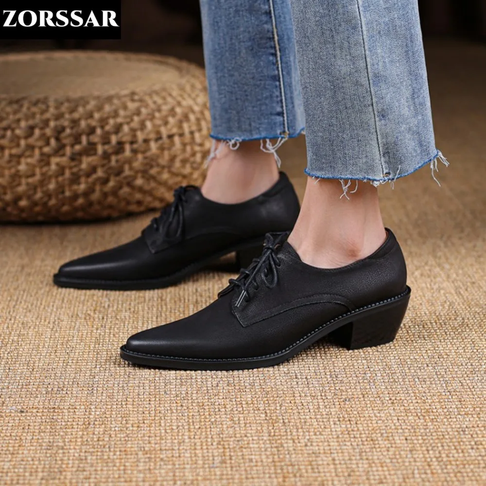 

2024 Spring/Autumn Women Shoes Pointed Toe High Heels Genuine Leather Chunky Heel Women Pumps Retro Lace Up Brown Shoe for Women