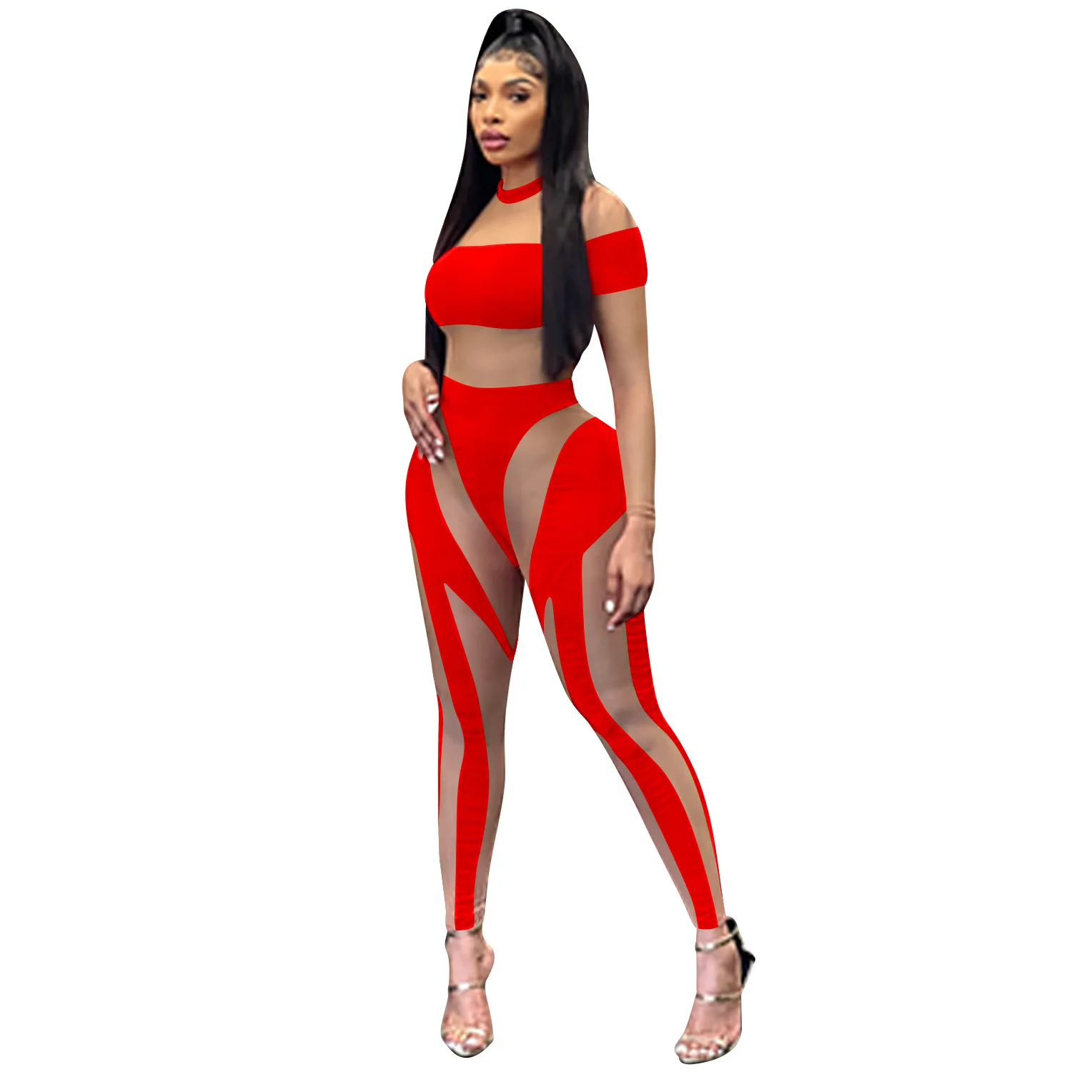 

Color Mesh Patchwork Women Striped See Through Women Outfits