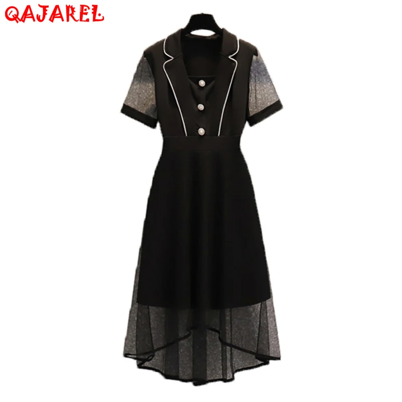 

2023 Black Patchwork Mesh Hollow Out Sexy Midi Dress Women Korean Vintage Hepburn Dress Summer Elegant Bodycon Office Lady Dress
