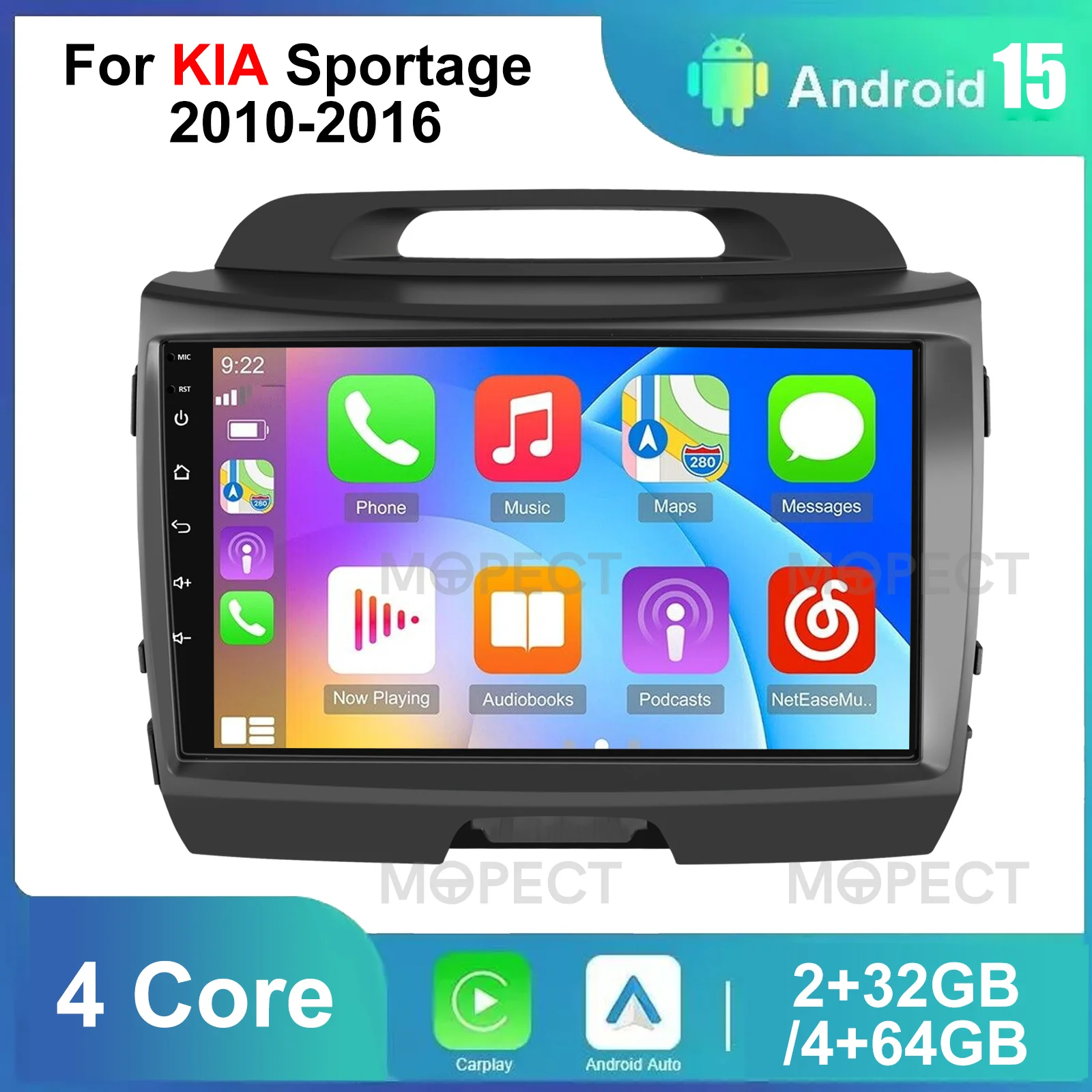 MOPECT 9-Zoll AM Carplay Autoradio mit Multimedia-Player Android 15 GPS-Navigation WLAN und Bluetooth für KIA Sportage 3 2010–2016