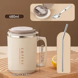 Insulated Stainless Steel Travel Mug with Handle - Leakproof Thermal Tumbler and Dual Drink Straw Cup - 401 - 500ml (Beige)