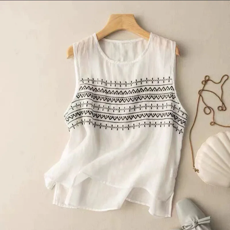 

2024 Summer New Thin Style Chinese Style Sleeveless Women Vest Solid Color Embroidered Literature Vintage Loose Casual Tops